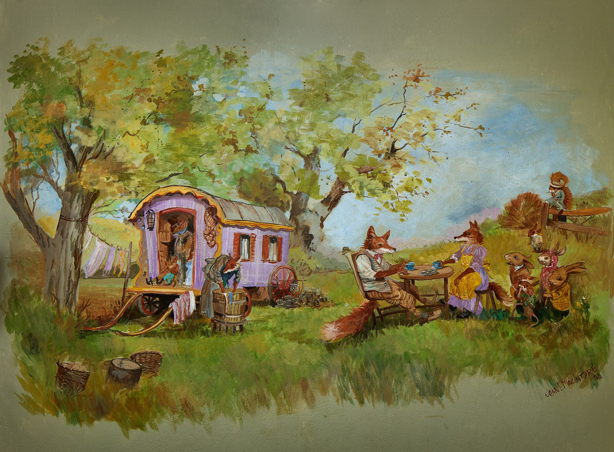 Fox Family — traveling fox family at tea, painted by Joan E MacIntyre