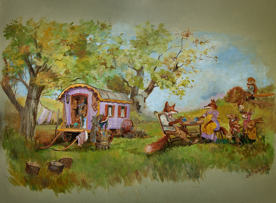 Fox Family — traveling fox family at tea, painted by Joan E MacIntyre